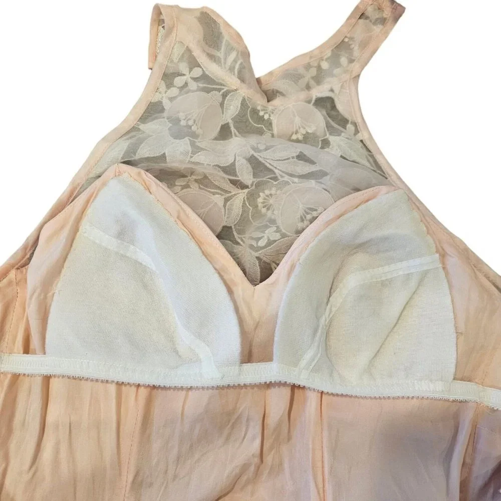 80s Vintage XS Light Pink Chiffon Flowy‎ Pearl Beaded High Low Halter Formal